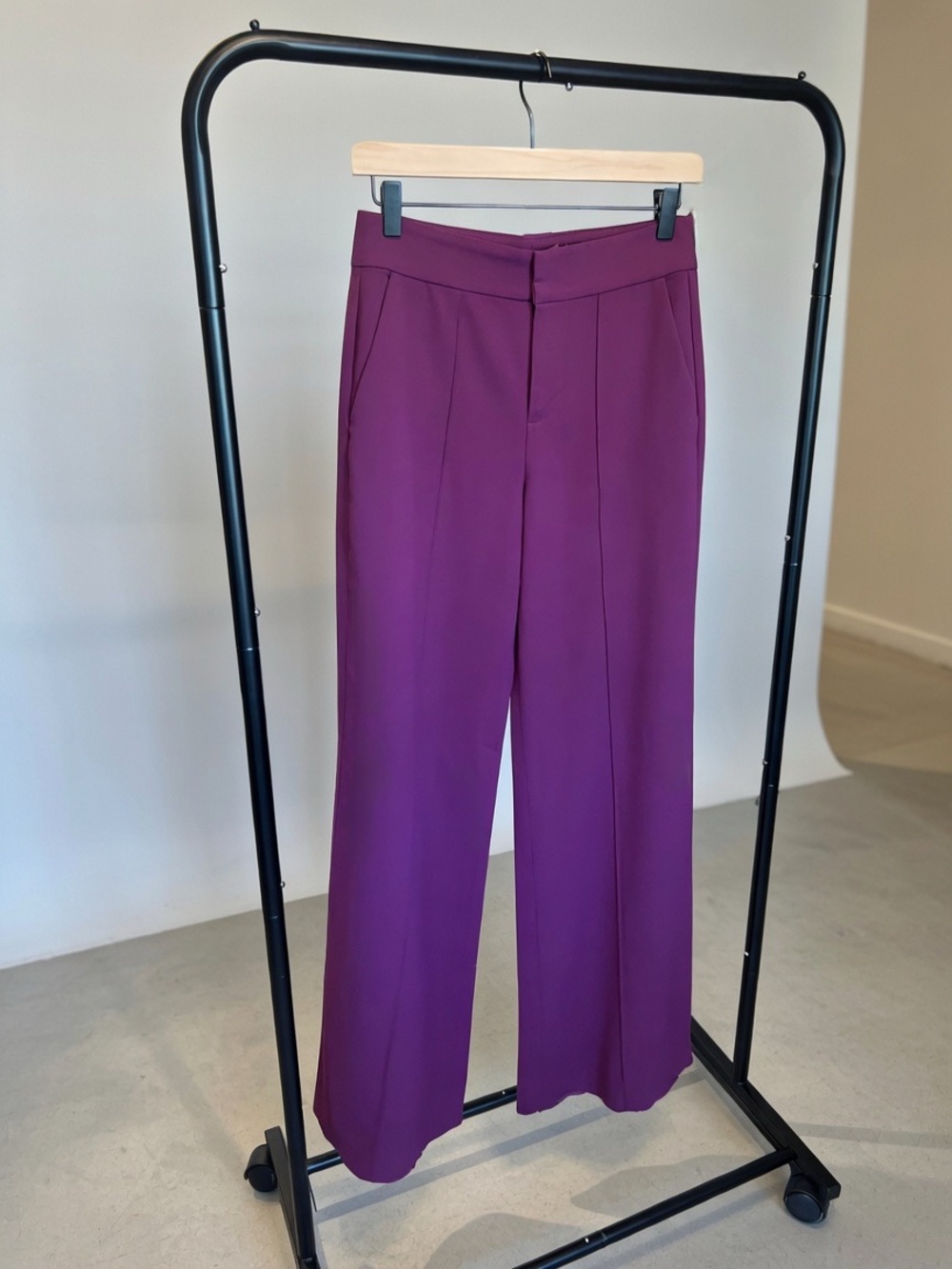 Alice + Olivia Dylan High-Rise Wide-Leg Trousers — Deep Plum Purple, Size 4